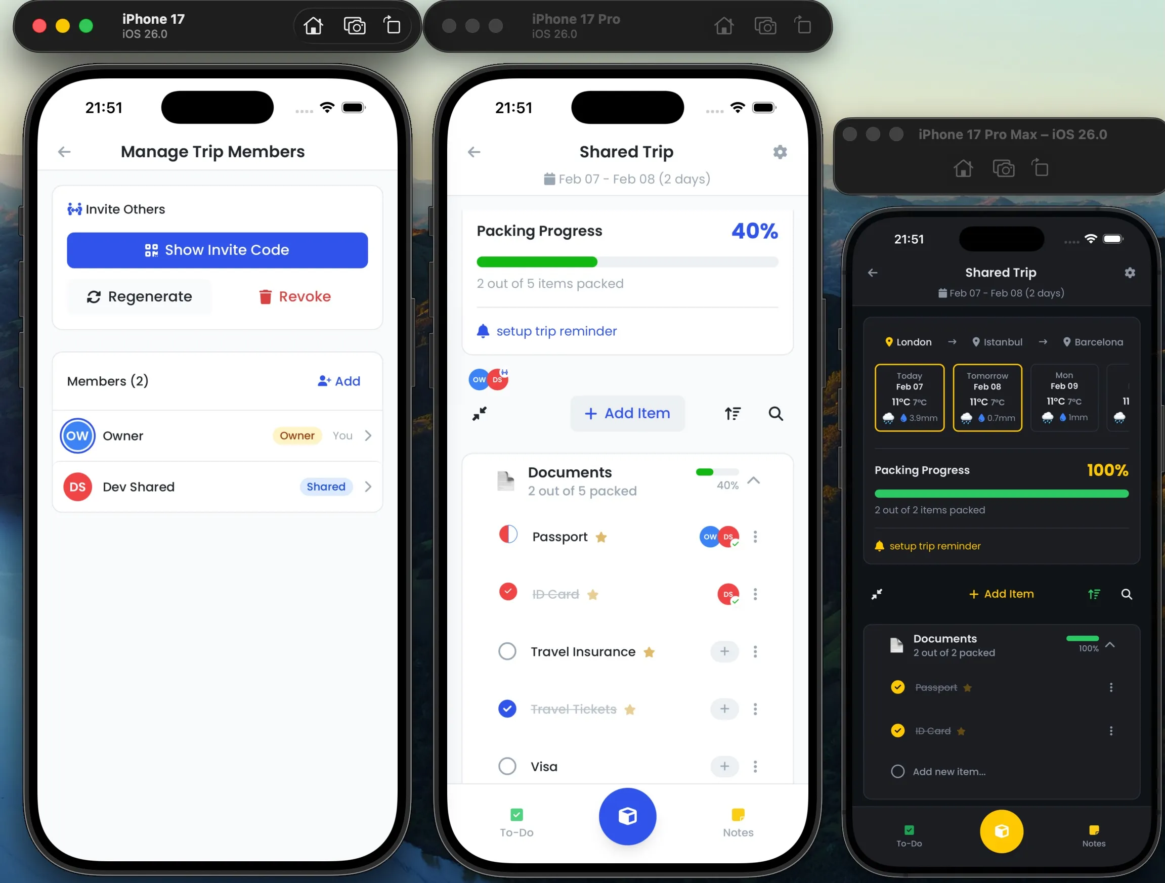 PackItSmart shared trip screens showing Manage Trip Members list, shared trip owner view with assigned items, and shared trip member view in dark mode