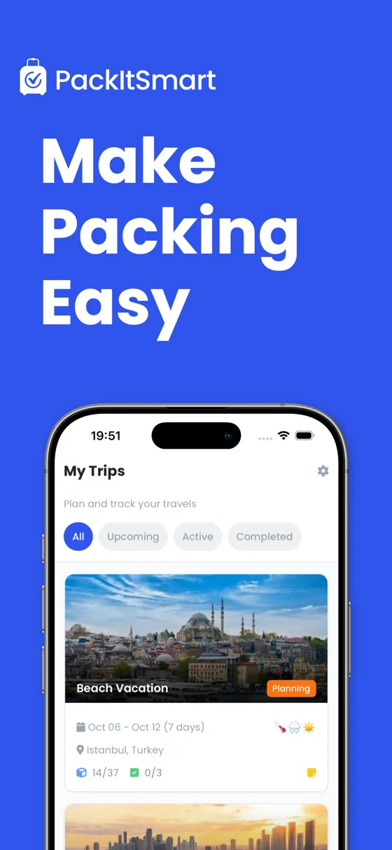 My Trips dashboard showing trip cards with destinations, dates, weather icons, and packing progress