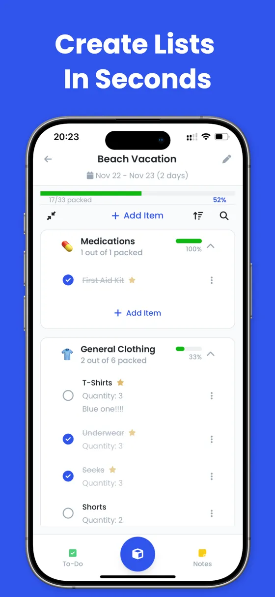 Packing list with categorized items, checkboxes, quantities, and packing progress bars