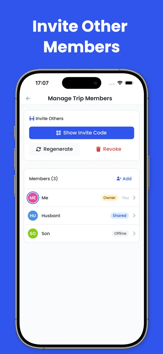 Manage Trip Members screen with invite code and shared member list