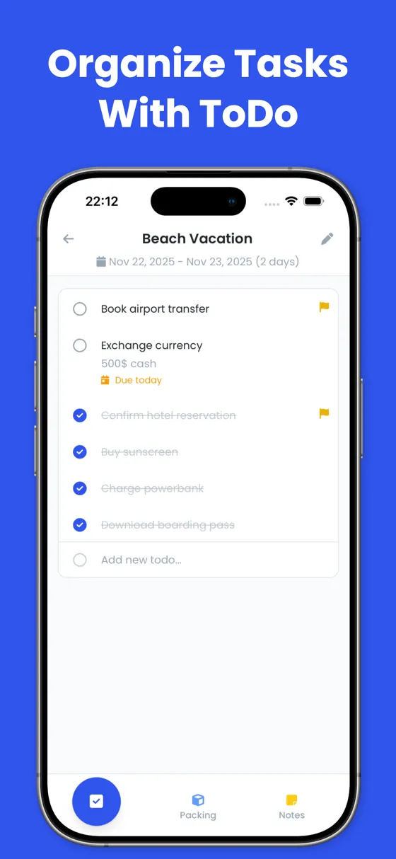 To-Do list for trip preparation with tasks, due dates, and completion status