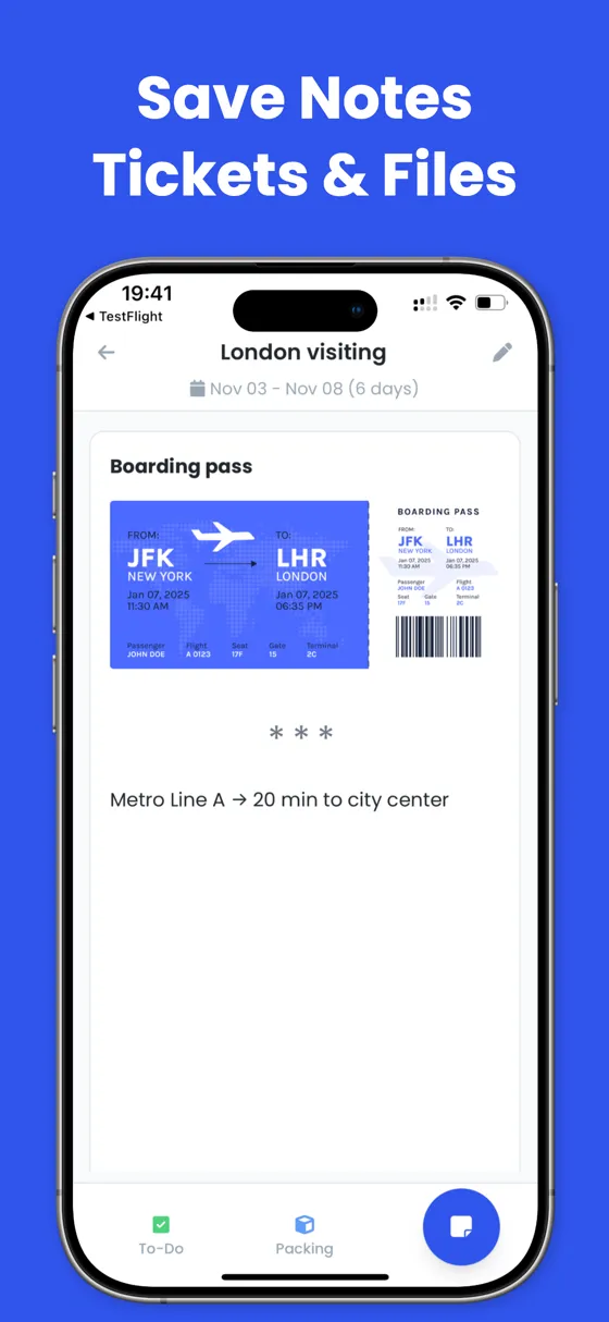 Trip notes with saved boarding pass image and travel directions
