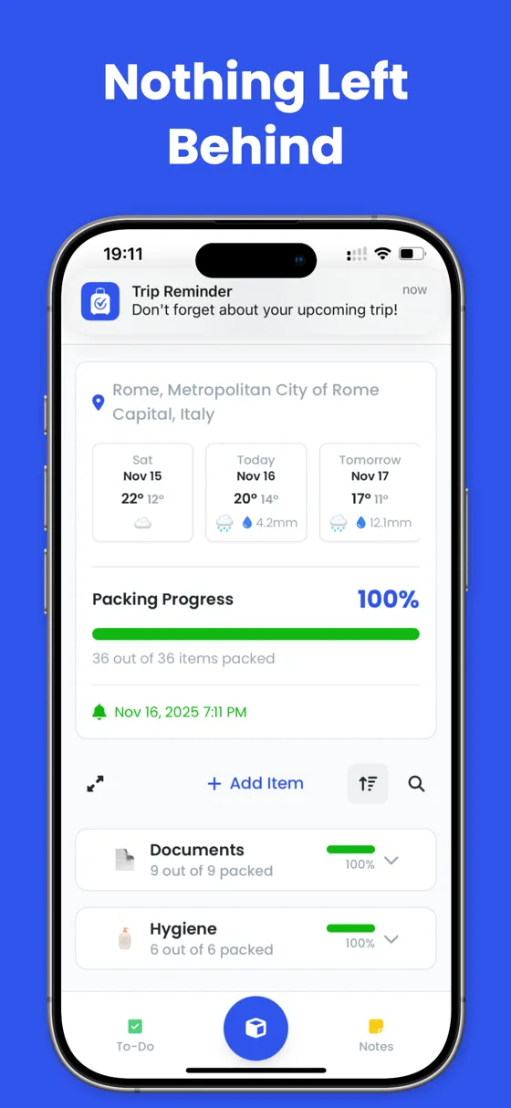 Trip reminder notification with weather forecast and 100% packing progress