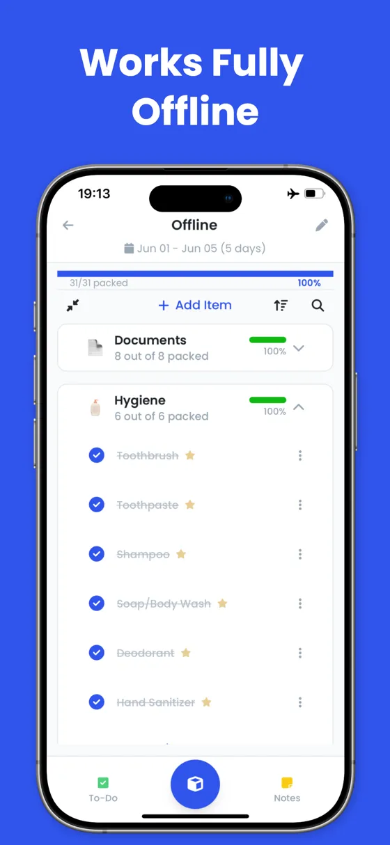Packing list working fully offline in airplane mode with all items checked