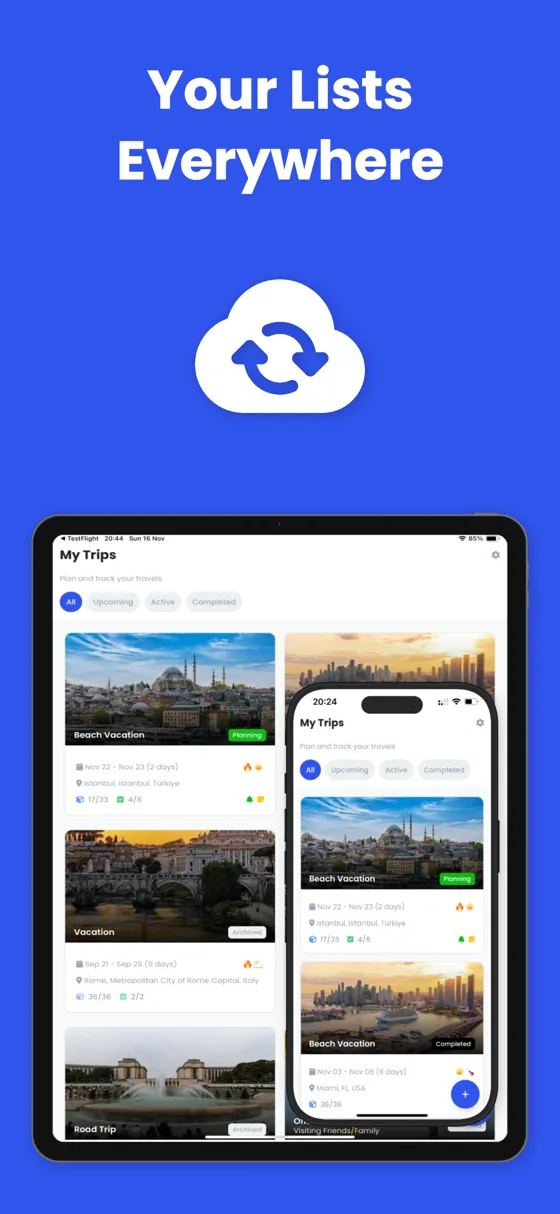 Cloud sync showing trip lists on multiple devices side by side