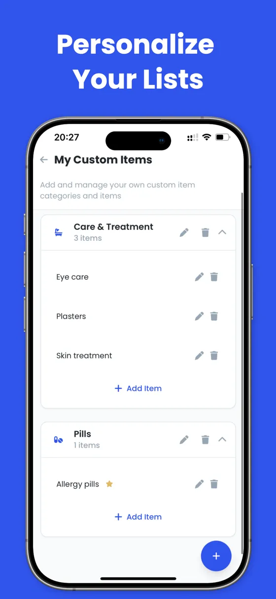 My Custom Items screen for managing personalized packing categories and items